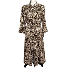 Calvin Klein Leopard Print Shirt Dress Women’s Size 14 Belted Tie Sleeves NEW