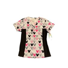 Cherokee Tooniforms Disney Mickey Mouse Scrub Top Pink Black White V-Neck Small