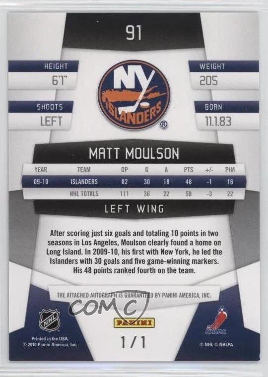 2010-11 Certified Mirror Black Signatures 1/1 Matt Moulson #91 Auto 0c3 - Image 2 of 3