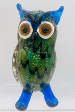 Murano Style Art Glass Owl Decorative Figurine Blue Green Amber Heavy 8  Tall