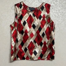 Willow Ridge Vintage Diamond Print Sleeveless Tank Top Red Black Gold Satin XL