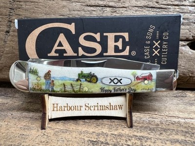 CASE XX  FATHER'S DAY KNIFE w HARBOUR COLOR SCRIMSHAW  FATHER & SON & JOHN DEERE