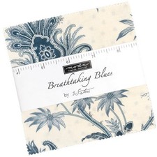 Moda ZAPIERAJĄCY DECH W PIERSIACH BLUES Charm Pack, 100% bawełna 5" Wstępnie wycięte kwadraty tkaniny 42 szt.