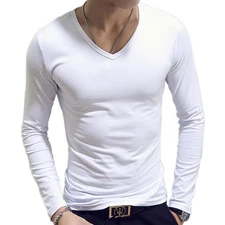 Mens Fashion Muscle Long Sleeve T-shirt Thermal Undershirt V Neck Slim Fit Tops