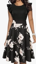 IHot Floral M Black Short Sleeve Fit & Flare Dress Zip Colorblock Waisted