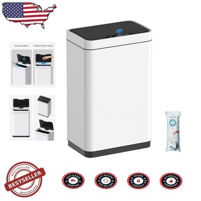 Automatic Trash Can 15 Gal White Stainless Steel Smart Motion Sensor Kitchen Lid