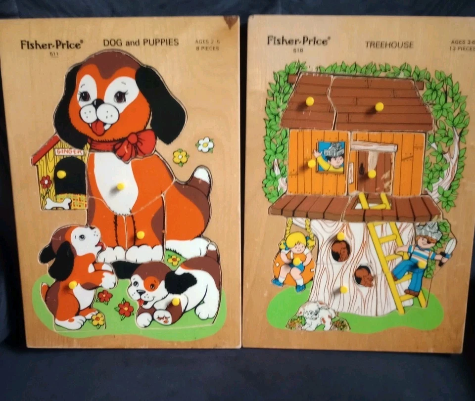 Two Vintage 70's Fisher Price Wooden Puzzles #518 And #511 Treehouse And Pups - Image 2 of 4