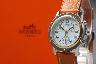HERMES Clipper CL1.320 Chronograph Datum Qz weißes Zifferblatt Damenuhr [Box ...