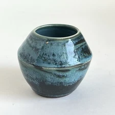 Mini Art Pottery Vase Black Turquoise Signed JL 3” Tall Red Stoneware Clay