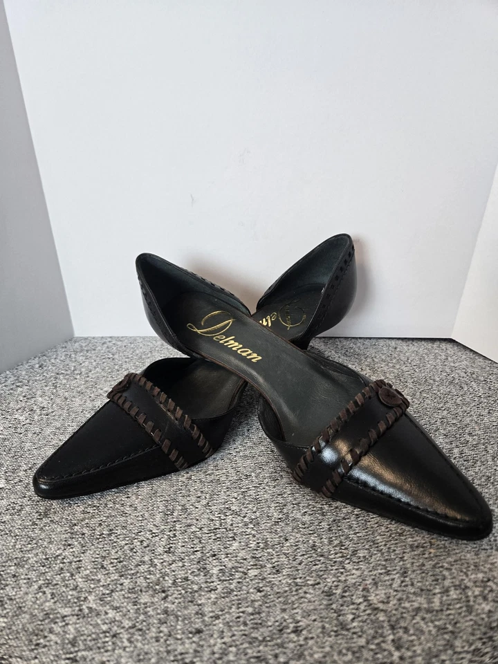 Zapatos de salón Delman para mujer talla 8,5 negros D'Orsay punta tacón de gatito cuero Foto 2 de 4