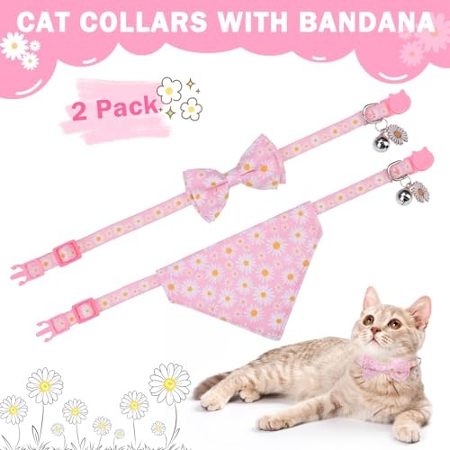 Collare per Gatti con Campanelle, Confezione da 2 Bandane e Fiocco per Gatti Staccabili (Rosa Margherita) - Foto 6 di 6