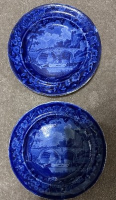 (2) Antique E Wood Dk Blue Flow 7 1/4 In.  cir 1825 Moulin Sur la Marne Dessert
