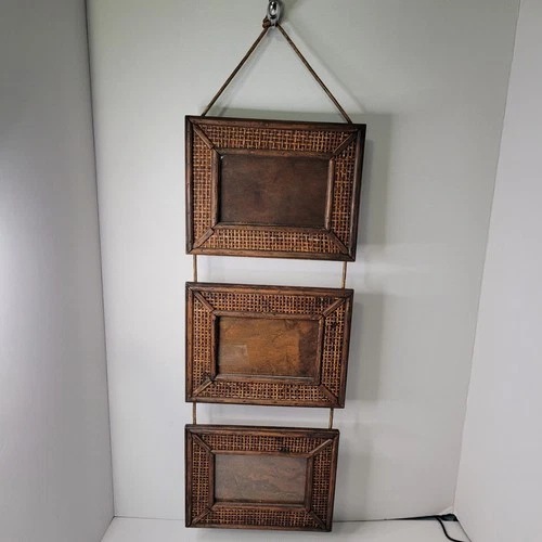 Three (3) Tier Picture Frame Rustic Hanging Wood Rattan 6 x 4 Photos Vintage