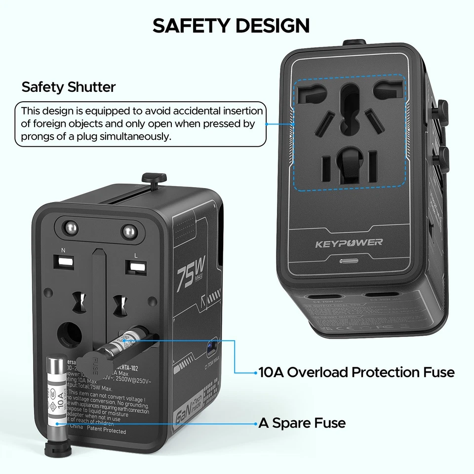 75W Universal Travel Adapter, with 3 USB C and 1 USB A Charging Station - Image 2 of 4