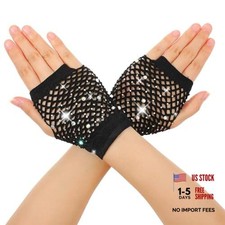 Rhinestone Fishnet Gloves Fingerless for Women, Sparkly Short Mesh Net Black