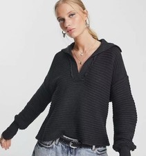 Free People Marlie Deep V Neck Ribbed Black Oversized Boho Slouchy Sweater SZ XS