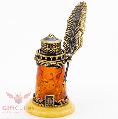 Solid Brass Amber InkWell in shape of Lighthouse w feather pen figurine ...