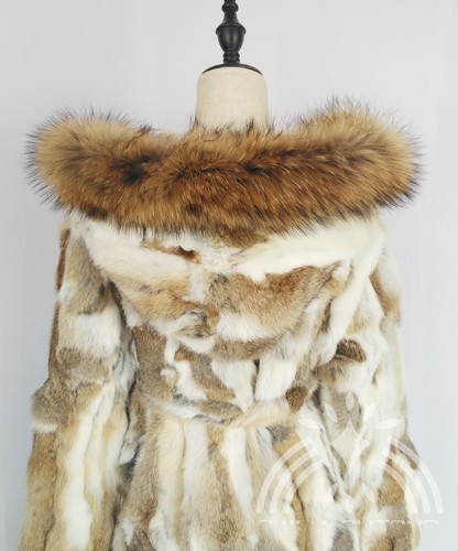Natural Real Rabbit Fur Coat with Hood Raccoon Fur Women Long Jacket Outwear - Picture 9 of 10