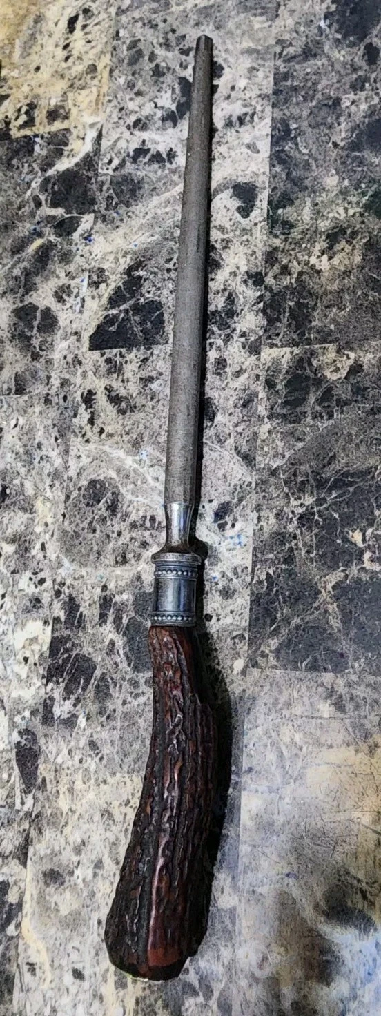 VTG STAG ANTLER HORN HANDLE CARBON STEEL w/STERLING BAND HONE/KNIFE SHARPENER
