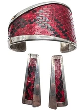 Vintage Sterling Silver Snake Skin Cuff Bracelet + Earrings Set Signed KTW