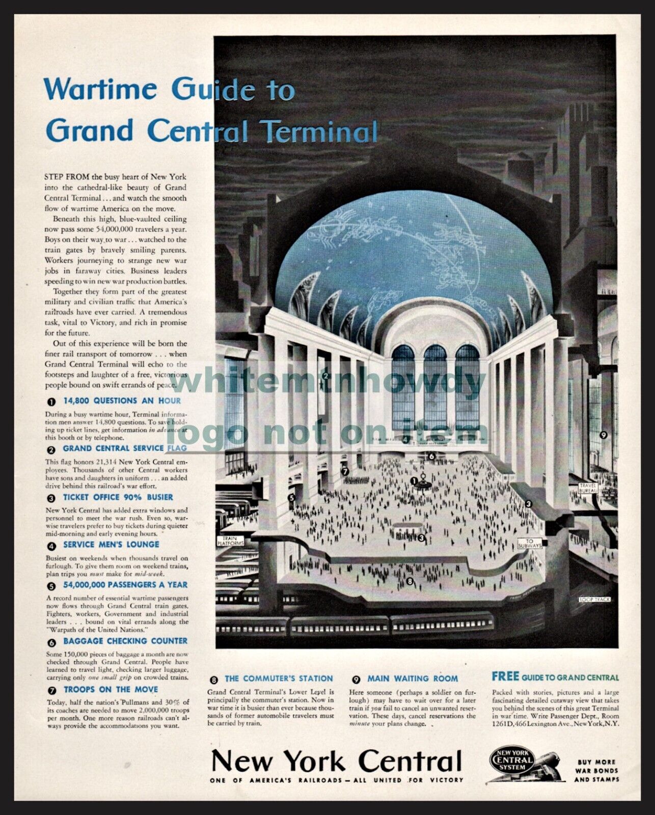  RelicPaper 1943 New York Central: Wartime Guide to Grand  Central, New York Central Print Ad: Posters & Prints