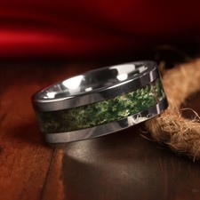 Green Moss Agate Ring, Silver Tungsten Ring, Men's Wedding Band, Comfort Fit