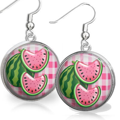 Pink Gingham Summer Watermelon Slices Earrings Dangle Sterling Silver 