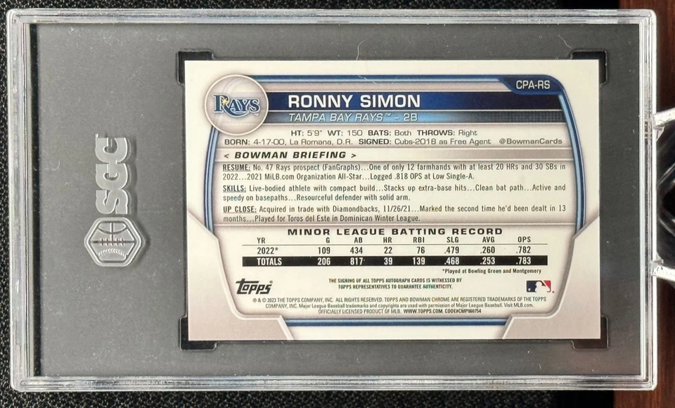 Ronny Simon 2023 Bowman Chrome Rookie Gold Wave Refractor RC Auto /50 SGC 10 - Image 2 of 2