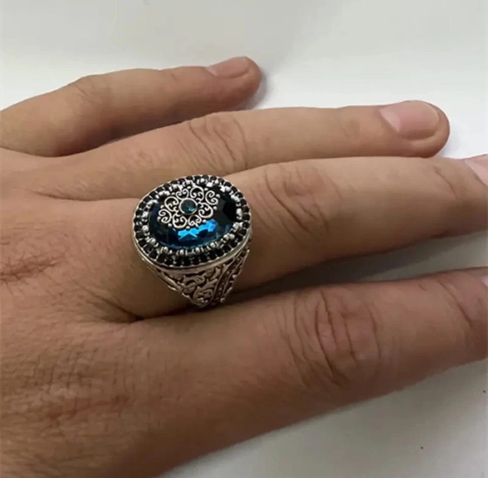 Large Turkish Silver Plated Blue Topaz Ring Women’s Statement Ring Size 8 🎁 - Image 3 of 4