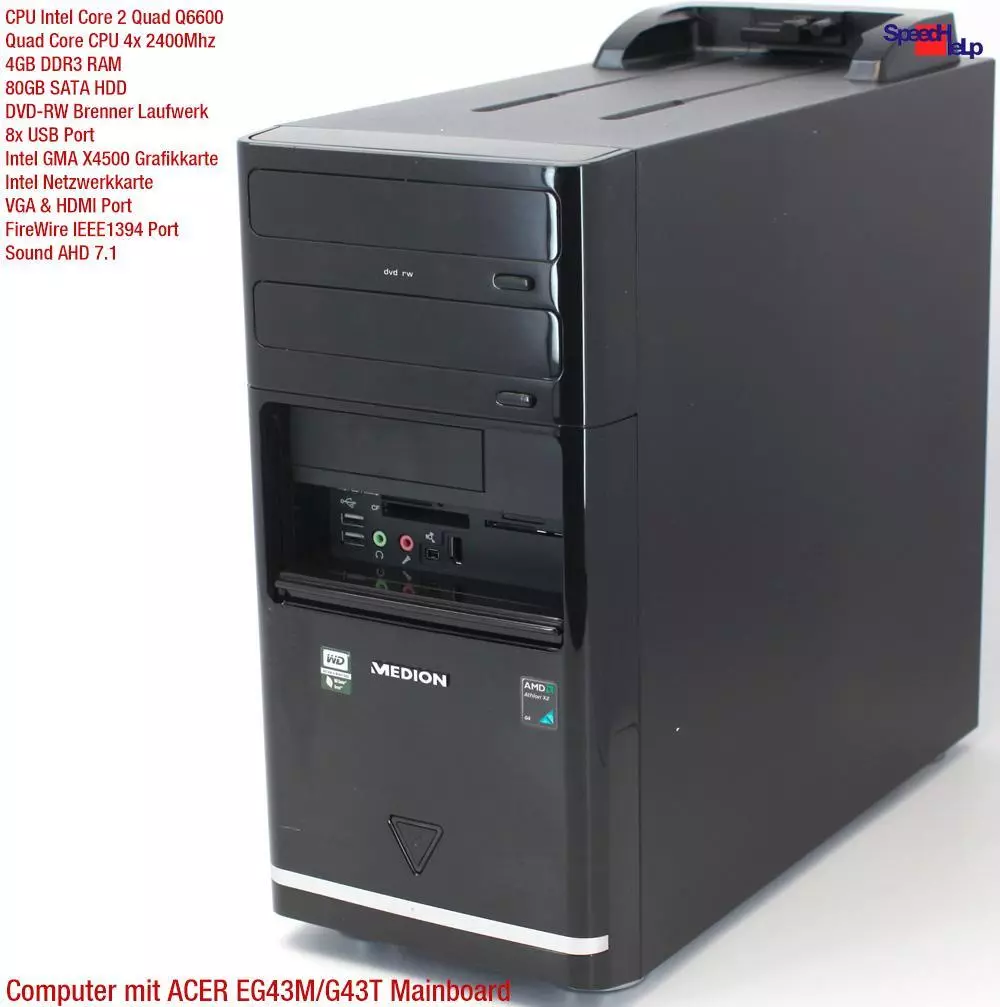 PC Computer Acer G43T EG43M Intel Core 2 Quad Q6600 Windows XP 4GB.