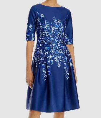 $460 Rickie Freeman for Teri Jon Women's Blue Scuba Flora Printed Dress Size 2