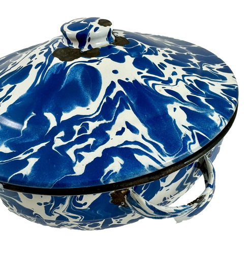 Vintage blau Swirl Emaillegeschirr Granitgeschirr Topf mit Deckel und Griffen - Bild 4 von 10