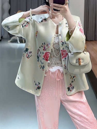 Vintage Women's Acetate Satin Top Loose Coat Long Sleeve Tang Suit Floral Jacket - Picture 15 of 27