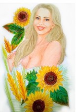 Ritratto di una bella donna in fiore giallo Folk disegno originale a matita 11x8