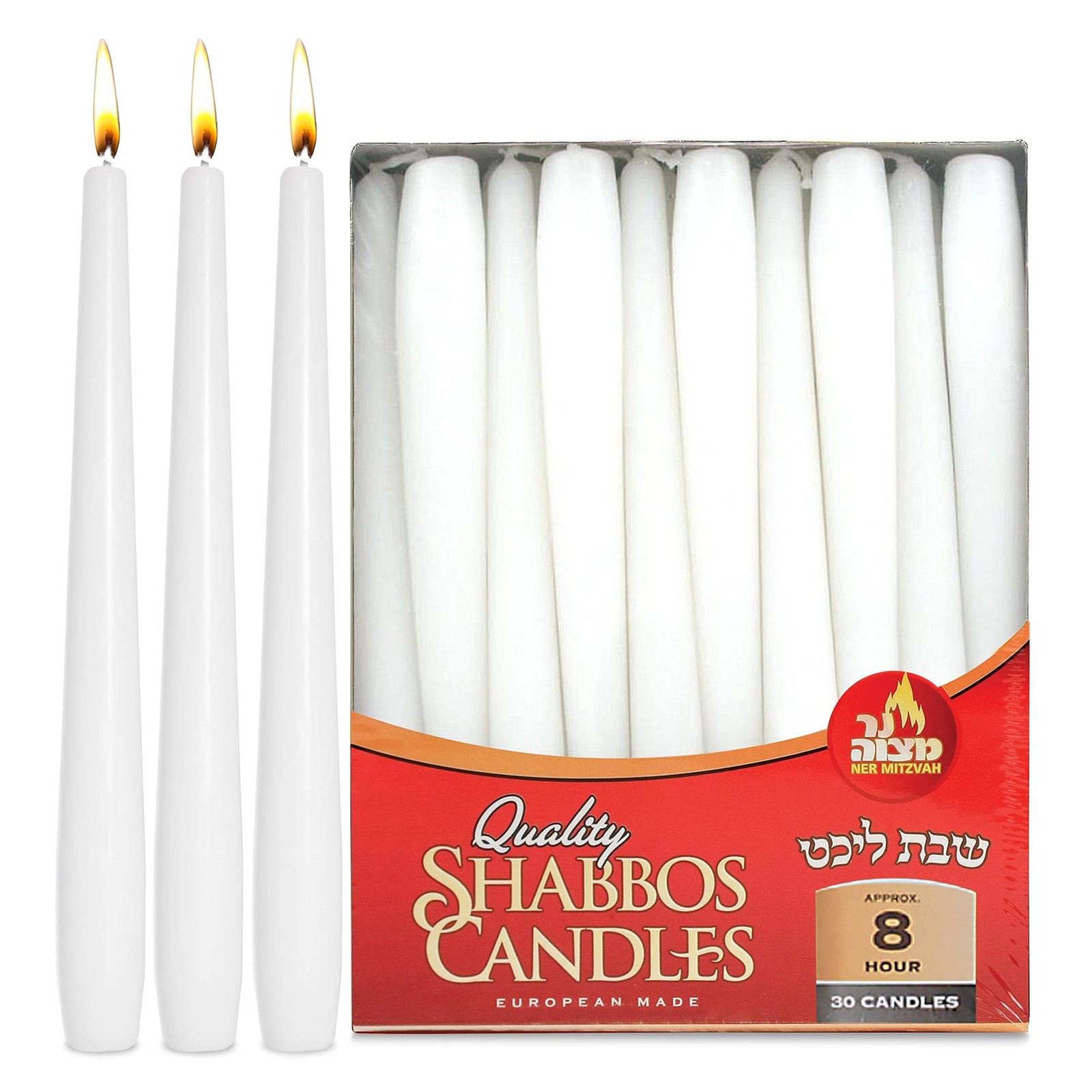 Classic White Taper Candles 8 Hour Burn Time 25cm Pack of 30 Shabbat
