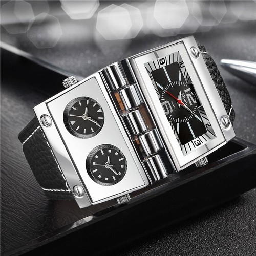 Orologio militare uomo OULM tre fusi orari unico stile punk cinturino pelle - Foto 7 di 13