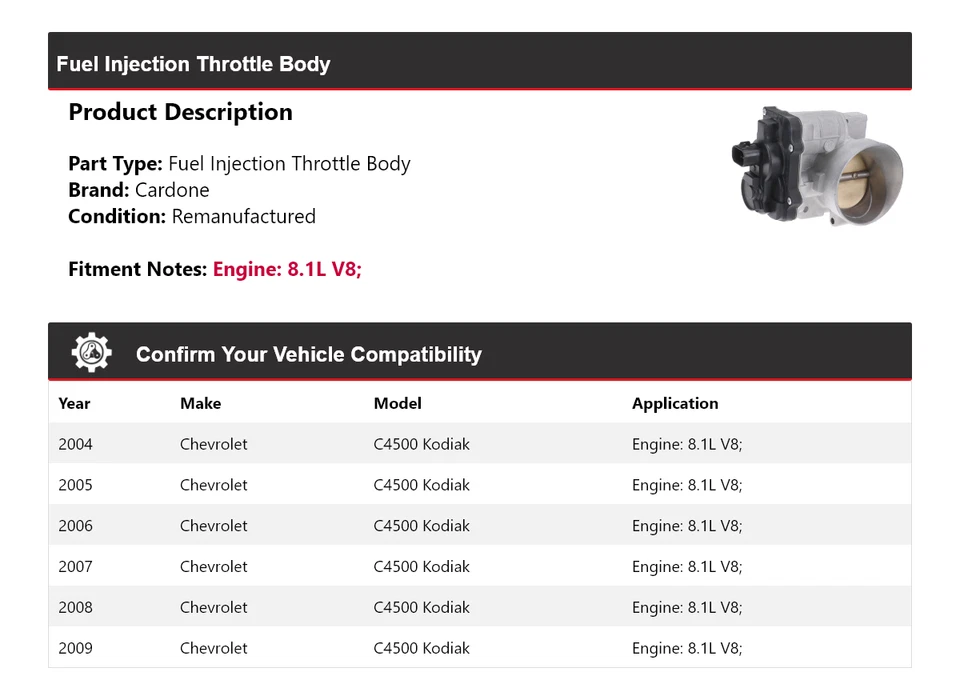 Carrocería de acelerador de inyección de combustible Cardone para Chevrolet C4500 Kodiak 2004-2009 8,1 L Foto 2 de 4