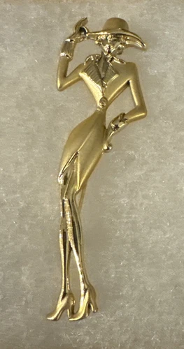 Vintage AJC 3” Lady in Hat Gold Tone Brooch Pin Signed Art Deco Fashion Jewelry