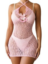 Lunedear Womens Fishnet Dress, Bodycon Mesh Dating Mini One Size, Pink 