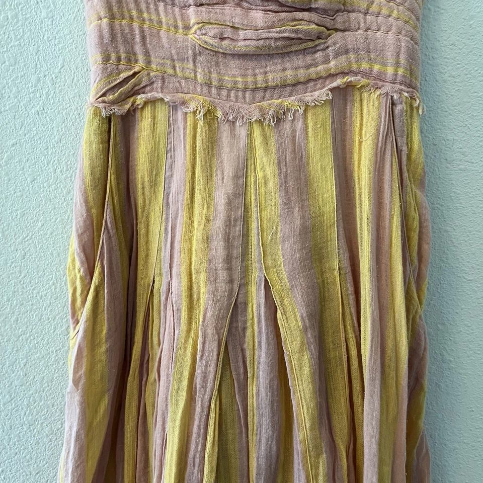 Vestido midi Free People para mujer talla XS rosa gasa amarillo rayas sin tirantes Foto 3 de 4