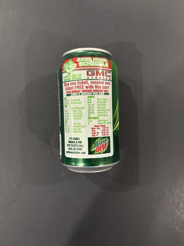 Mountain Dew Mtn Soda Can. 2005 Side Ad. GMC Home Schedule of Gateway Grizzlies.