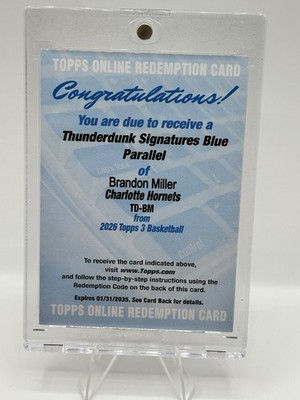 2025-26 Topps 3 Brandon Miller Thunder Dunk Auto Redemption Blue  /15, Hornets