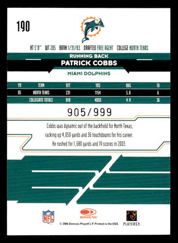 2006 Leaf Rookies & Stars #190 Patrick Cobbs SP #d /999! Rookie Miami Dolphins - Picture 2 of 2