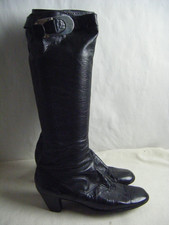 CLAMS Vtg 60-70s Black Soft Leather Go Go Tall Buckle Boots size 6.5-7M