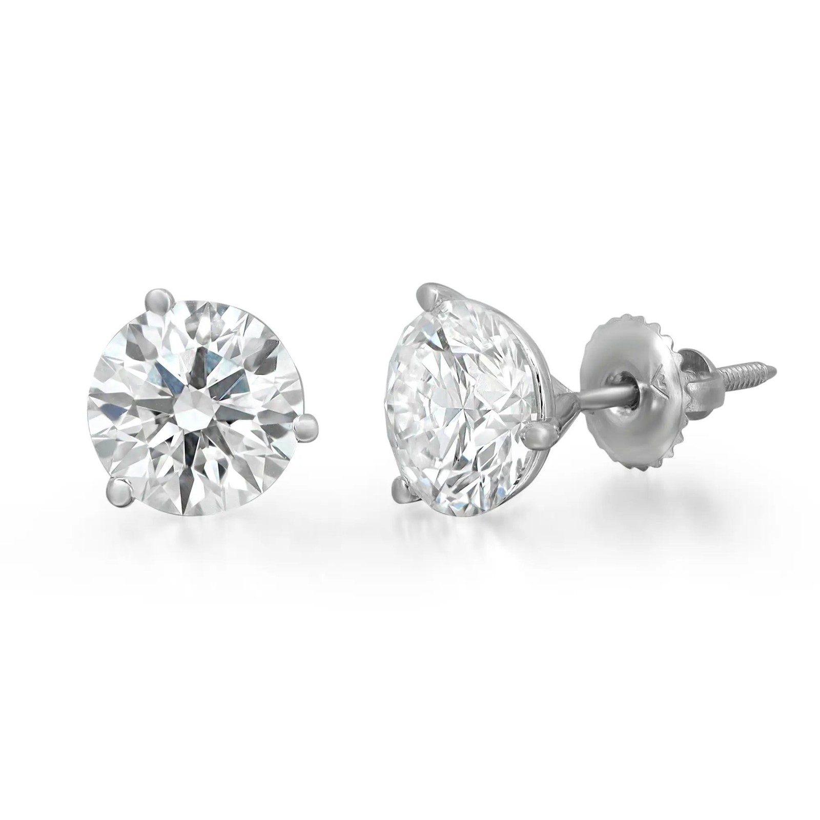 Three Prong Round Cut Lab Grown Diamond Stud Earrings 14K White Gold 4.20Cttw