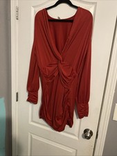 Women’s  Red  Bodycon Rouched Mini Dress Deep V-Neck Size XL