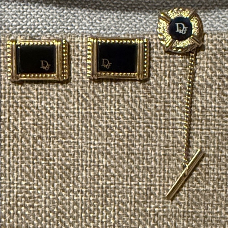 Dior Authentic Black and Gold Cufflinks with Tie Pin