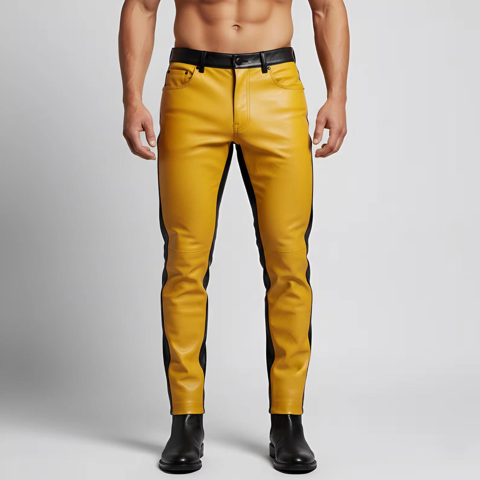 Handmade Guniene Yellow Leather Pants | Black Panel Motorbike Style Pants