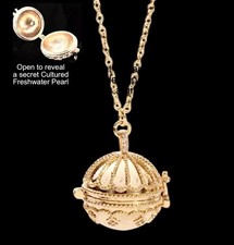 Victorian Style Orb Locket Gold Plated Steel Hidden Pearl Inside 44cm+5cm Chain