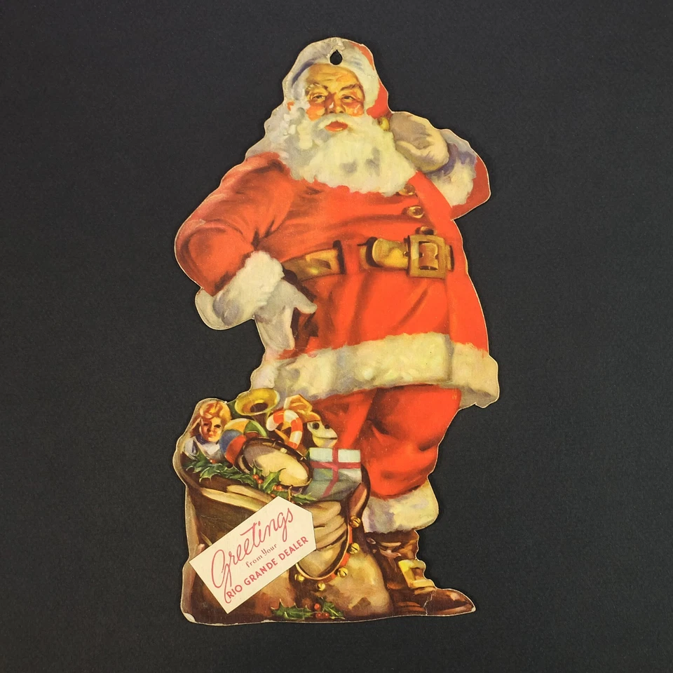 Letrero colgante troquelado vintage de Papá Noel de Navidad de Rio Grande Oil Gas Co. de la década de 1930 Foto 2 de 2